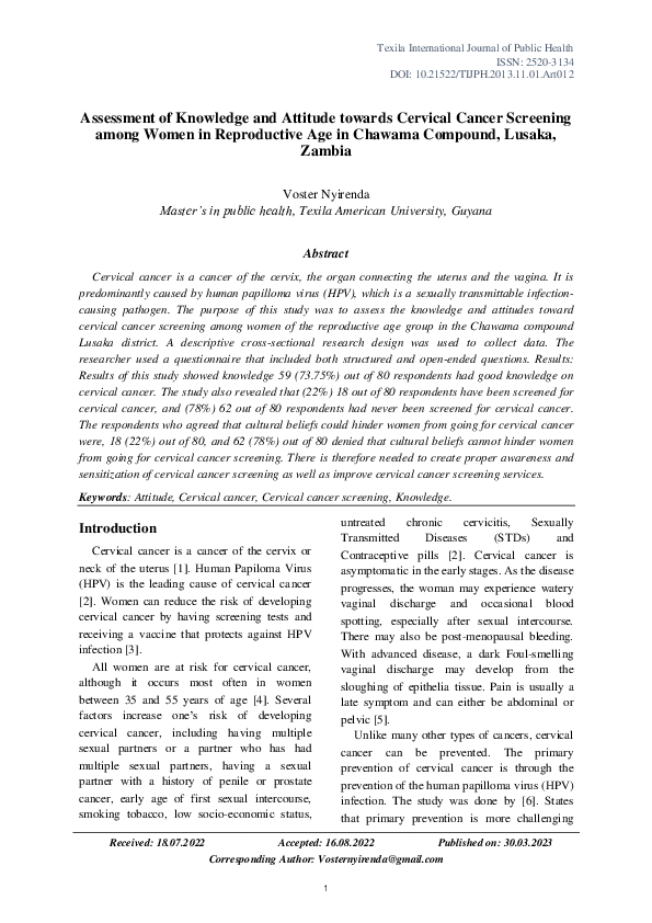 (PDF) Assessment of Knowledge and Attitude towards Cervical Cancer ...