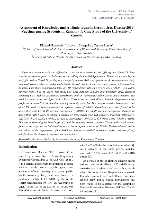 (PDF) Assessment of Knowledge and Attitude towards Coronavirus Disease ...