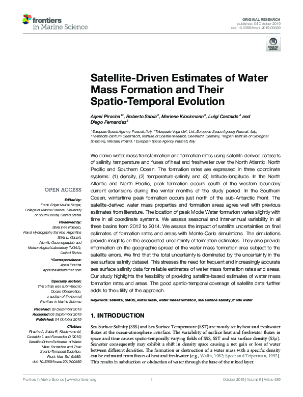 (PDF) Satellite-Driven Estimates of Water Mass Formation and Their ...
