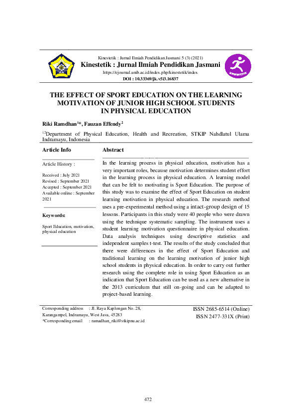 (PDF) The Effect of Sport Education on the Learning Motivation of ...