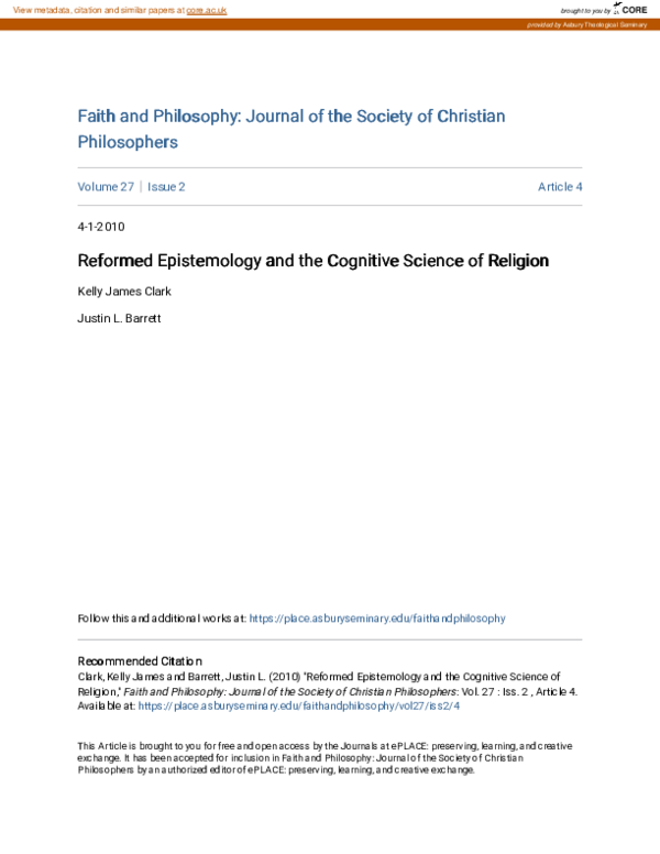 (PDF) Reformed Epistemology and the Cognitive Science of Religion