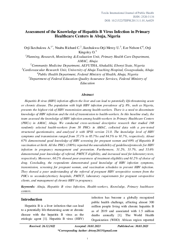 (PDF) Assessment of the Knowledge of Hepatitis B Virus Infection in ...