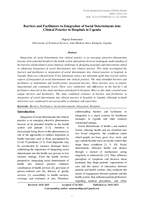 (PDF) Barriers and Facilitators to Integration of Social Determinants ...
