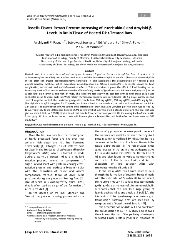 Rosella Flower Extract Prevent Increasing Of Interleukin-6 And Amyloid-Levels In Brain Tissue Of Heated Diet-Treated Rats