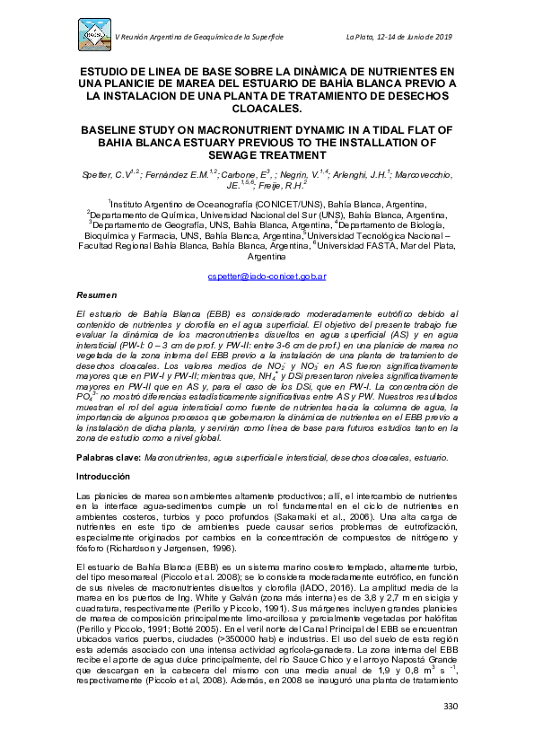 Estudio de linea de base sobre la dinàmica de nutrientes en una planicie de marea del Estuario de Bahìa Blanca previo a la instalacion de una planta de tratamiento de desechos cloacales
