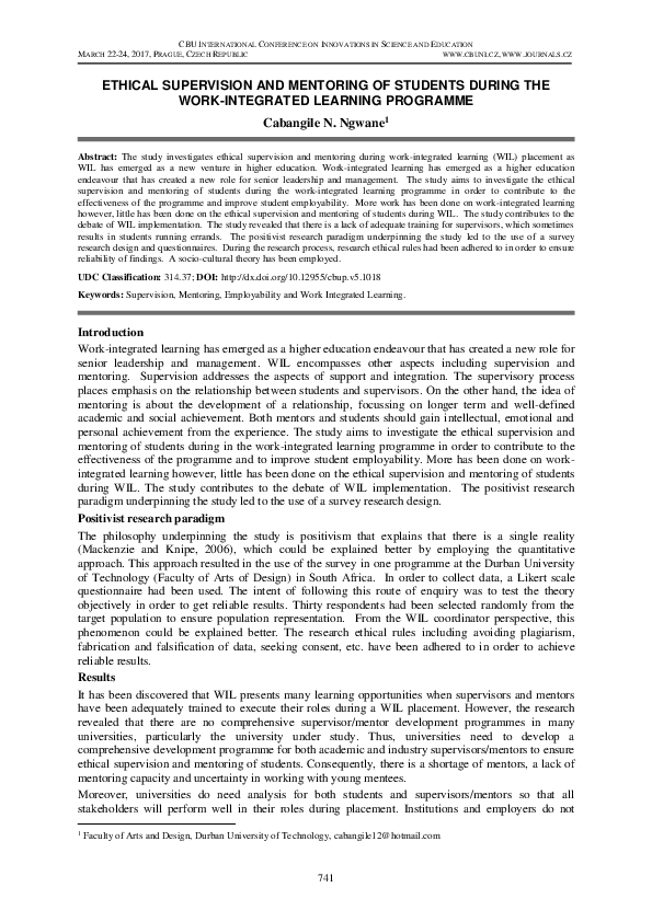 (PDF) Ethical Supervision and Mentoring of Students During the Work ...