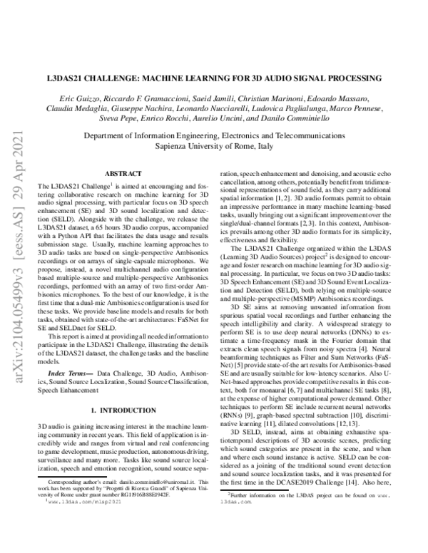 (PDF) L3DAS21 Challenge Machine Learning for 3D Audio Signal