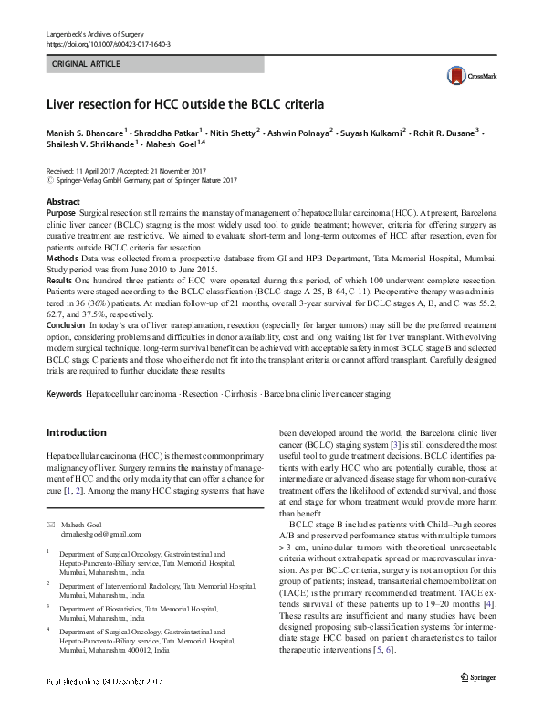 (PDF) Liver resection for HCC outside the BCLC criteria | Shraddha ...