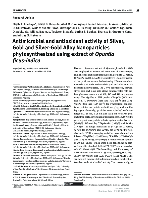 (PDF) Antimicrobial and antioxidant activity of Silver, Gold and Silver ...