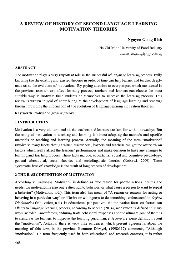 (PDF) A Review of History of Second Language Learning Motivation Theories
