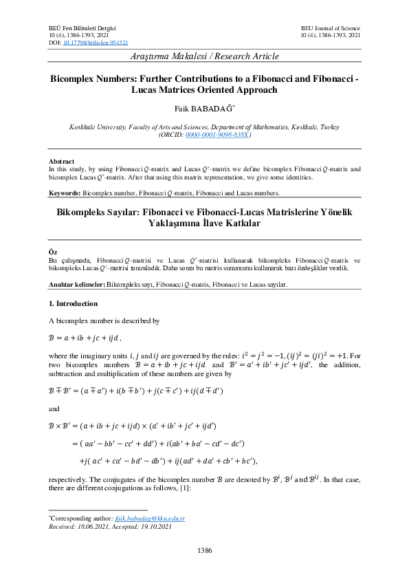 (PDF) Bicomplex Numbers: Further Contributions to a Fibonacci and ...