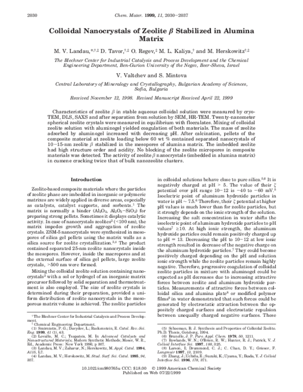 (PDF) Colloidal Nanocrystals of Zeolite β Stabilized in Alumina Matrix