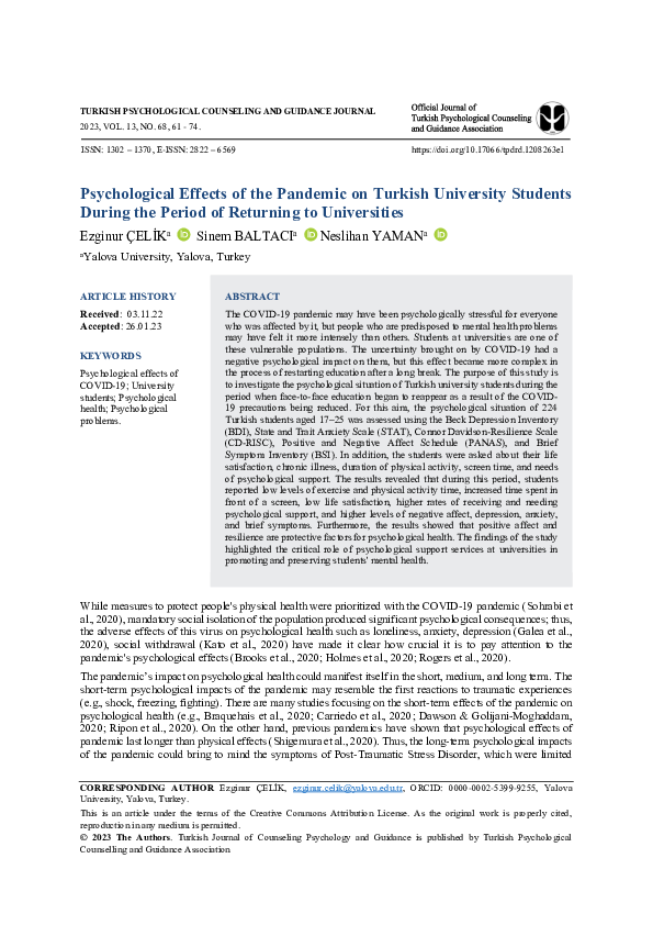 (PDF) Psychological Effects of the Pandemic on Turkish University ...