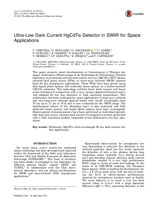 (PDF) Ultra-Low Dark Current HgCdTe Detector in SWIR for Space Applications