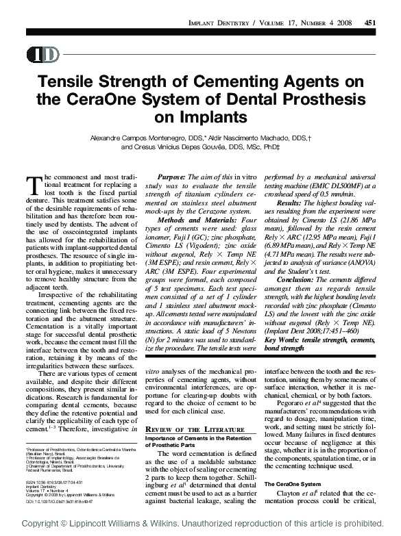 (PDF) Tensile Strength of Cementing Agents on the CeraOne System of ...