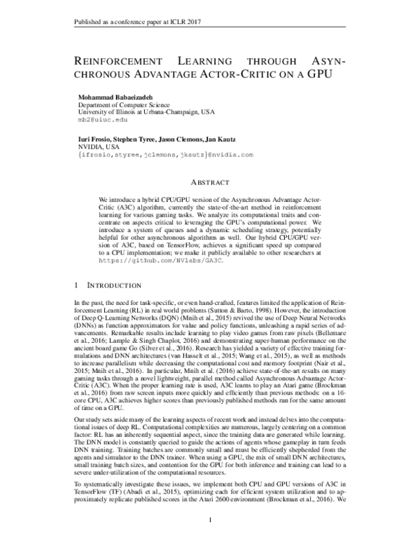 (PDF) Reinforcement Learning through Asynchronous Advantage Actor ...