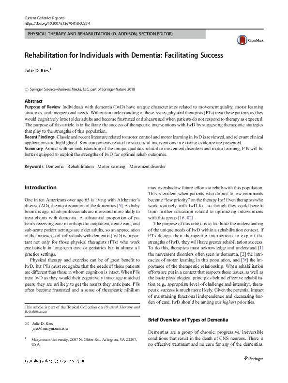 (PDF) Rehabilitation for Individuals with Dementia: Facilitating Success