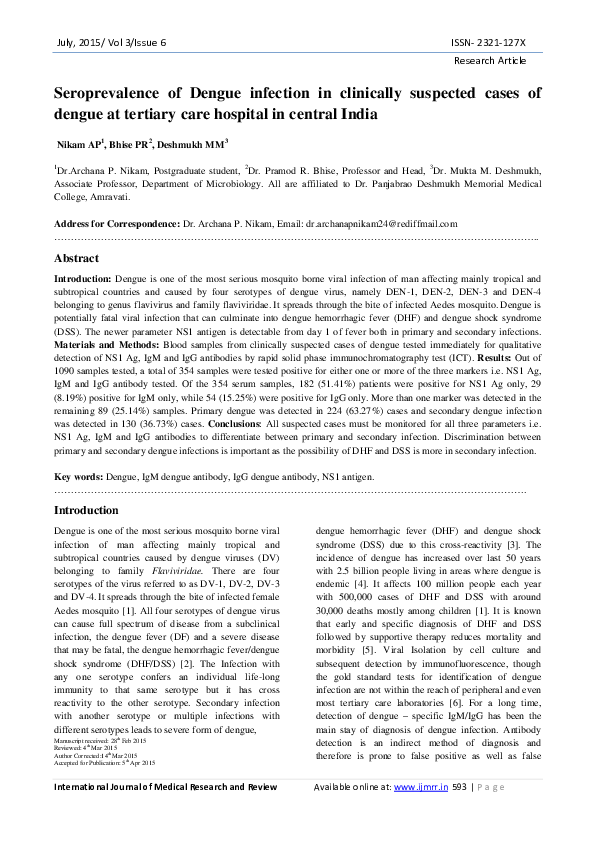 (PDF) Seroprevalence of Dengue infection in clinically suspected cases ...