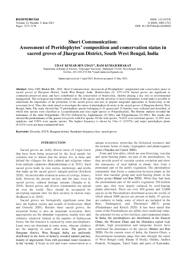(PDF) Short Communication: Assessment of Pteridophytes’ composition and