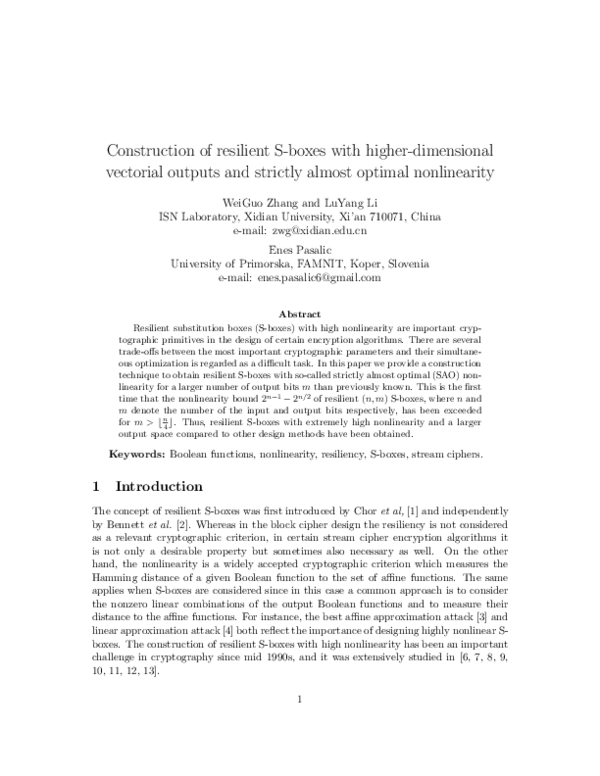(PDF) Construction of resilient S‐boxes with higher‐dimensional ...