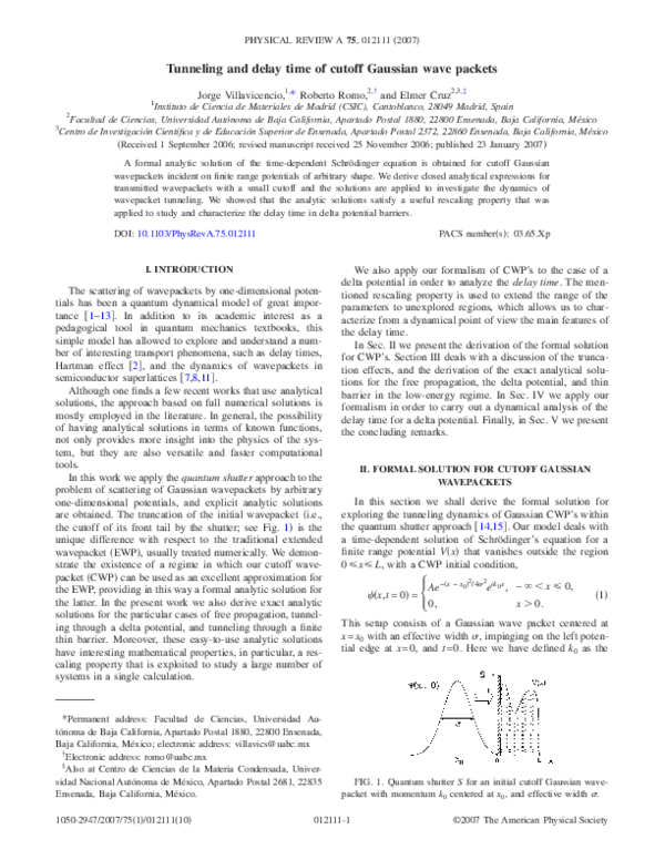 (PDF) Tunneling and delay time of cutoff Gaussian wave packets
