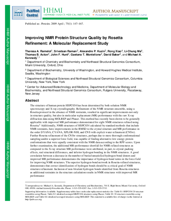 (PDF) Improving NMR protein structure quality by Rosetta refinement: A ...