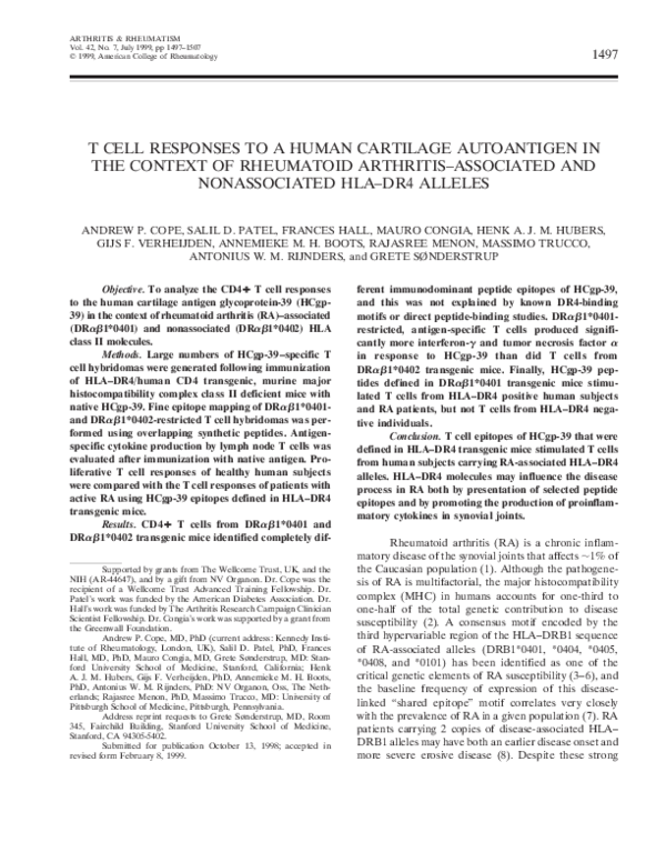 (PDF) T cell responses to a human cartilage autoantigen in the context ...