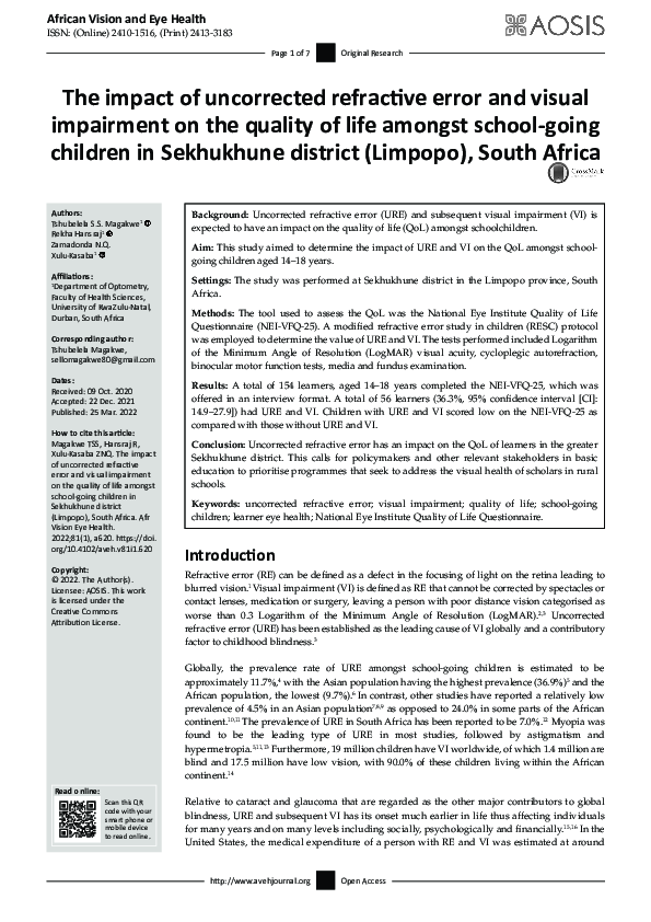 (PDF) The impact of uncorrected refractive error and visual impairment ...