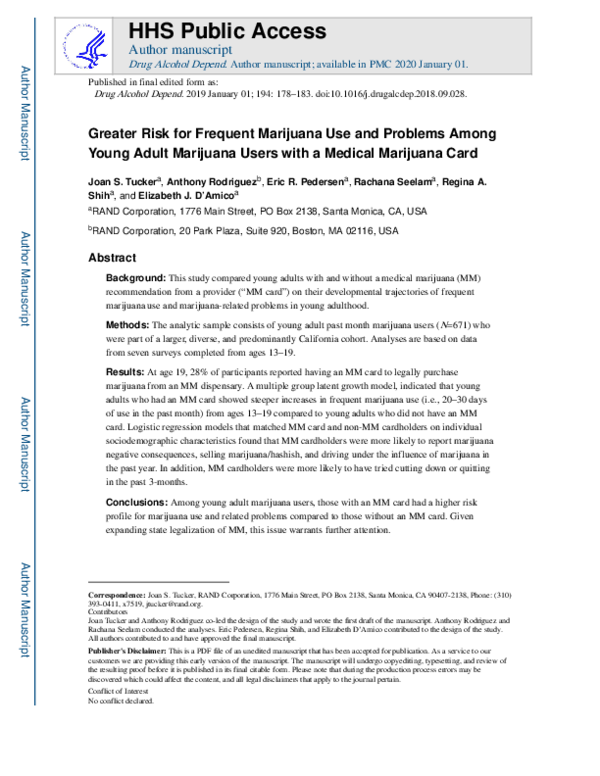 (PDF) Greater risk for frequent marijuana use and problems among young ...