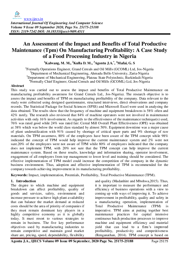 (PDF) An Assessment of the Impact and Benefits of Total Productive