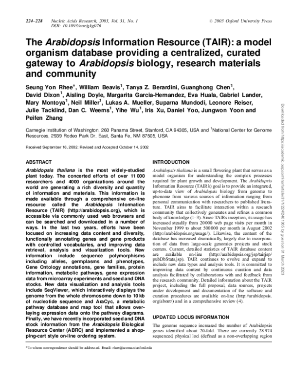 (PDF) The Arabidopsis Information Resource (TAIR): a model organism ...