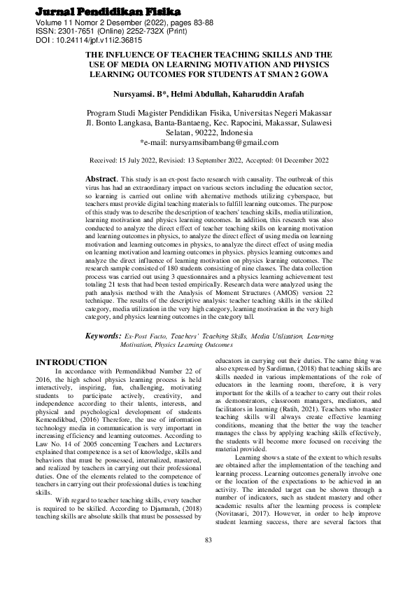 (PDF) The Influence of Teacher Teaching Skills and the Use of Media on ...