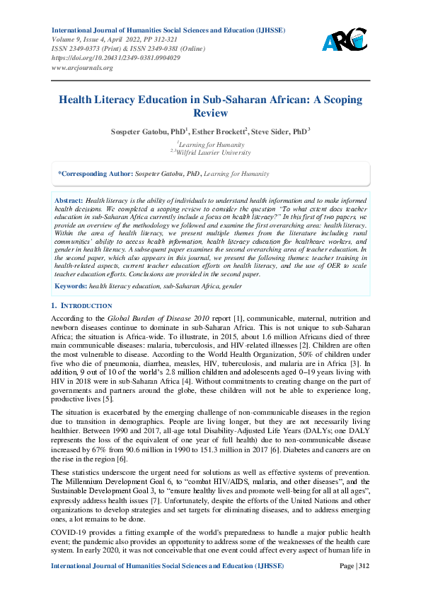 (PDF) Health Literacy Education in Sub-Saharan African: A Scoping Review