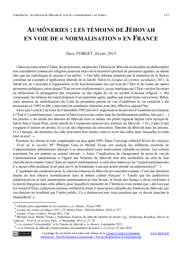 (PDF) Aumôneries les témoins de Jéhovah en voie de « normalisation » en France