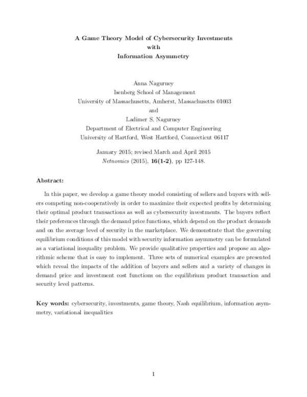 (PDF) A game theory model of cybersecurity investments with information ...
