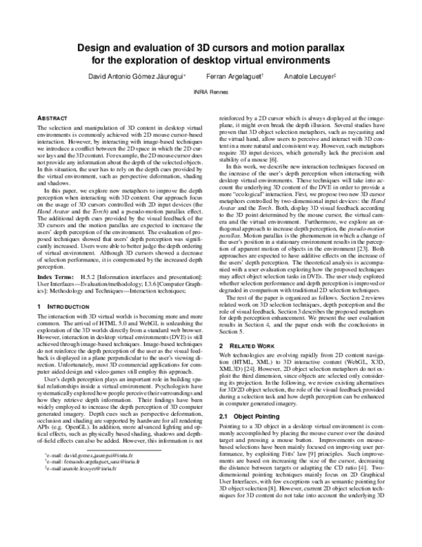 (PDF) Design and evaluation of 3D cursors and motion parallax for the ...