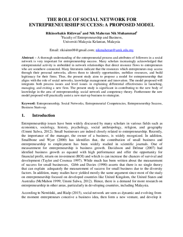 (PDF) The Role of Social Network for Entrepreneurship Success: A ...