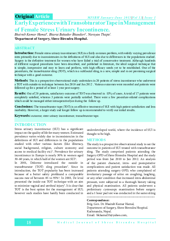 (PDF) Early Experience with Transobturator Tape in Management of Female ...