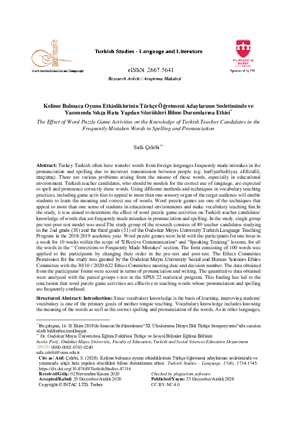 (PDF) Kelime Bulmaca Oyunu Etkinliklerinin Türkçe Öğretmeni Adaylarının ...