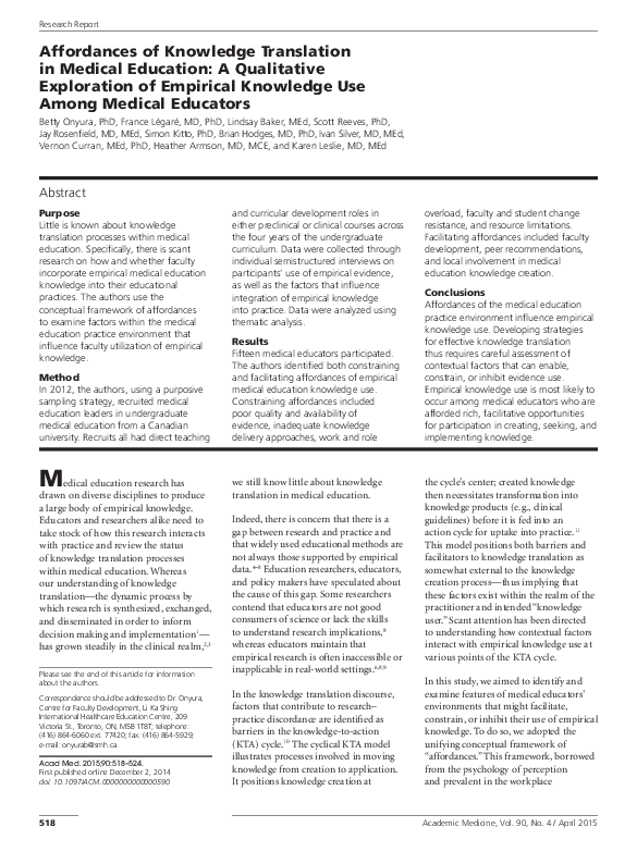 (PDF) Affordances of Knowledge Translation in Medical Education