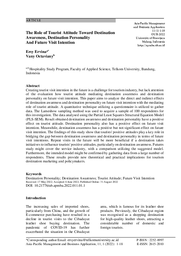 (PDF) The Role of Tourist Attitude Toward Destination Awareness ...