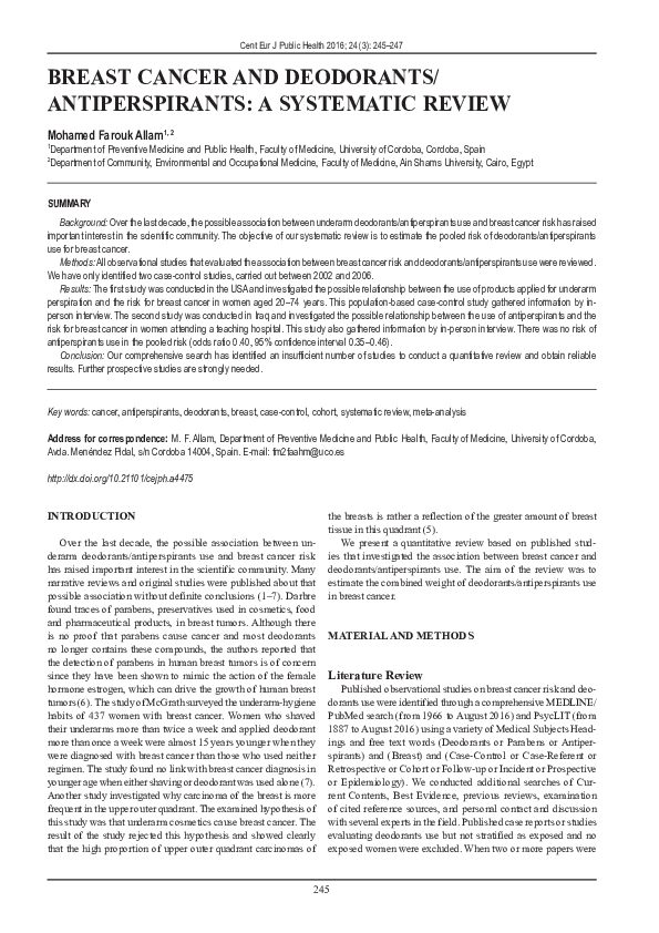 (PDF) Breast Cancer and Deodorants/Antiperspirants a Systematic Review