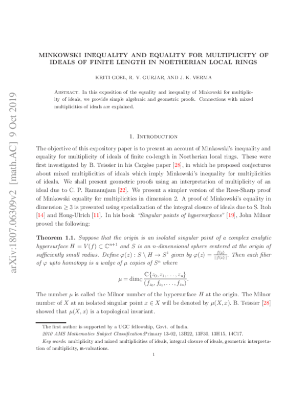(PDF) The Minkowski equality and inequality for multiplicity of ideals Jugal Verma Academia.edu