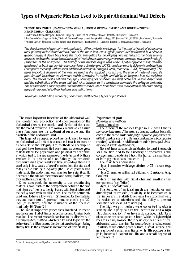 (PDF) Types of Polymeric Meshes Used to Repair Abdominal Wall Defects