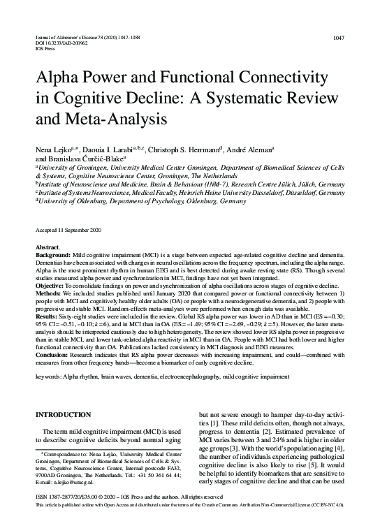 (PDF) Alpha Power and Functional Connectivity in Cognitive Decline: A ...