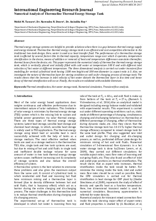 (PDF) Numerical Analysis of Thermocline Thermal Energy Storage Tank