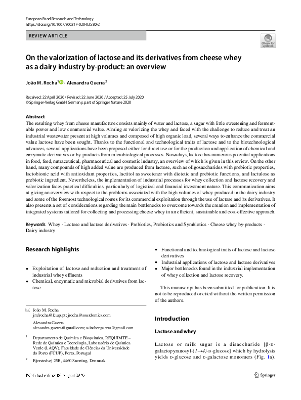 (PDF) On the valorization of lactose and its derivatives from cheese