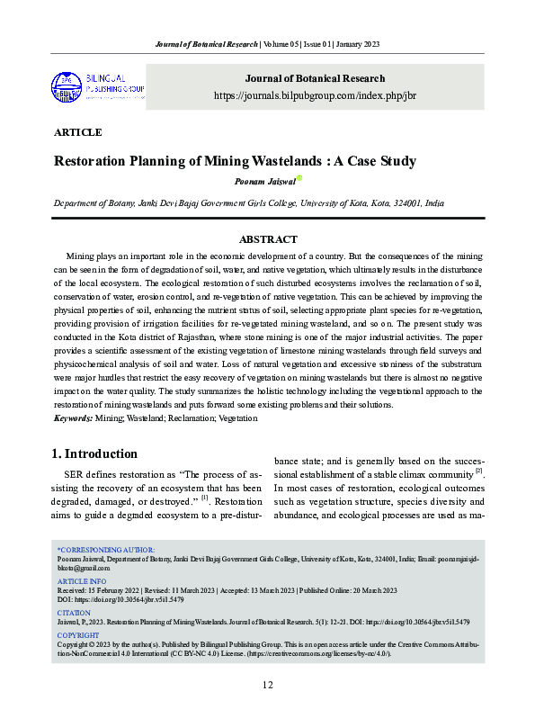 (PDF) Restoration Planning of Mining Wastelands: A Case Study