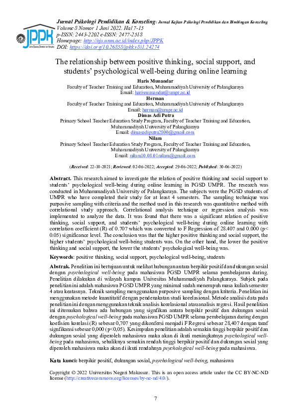 (PDF) The relationship between positive thinking, social support, and ...