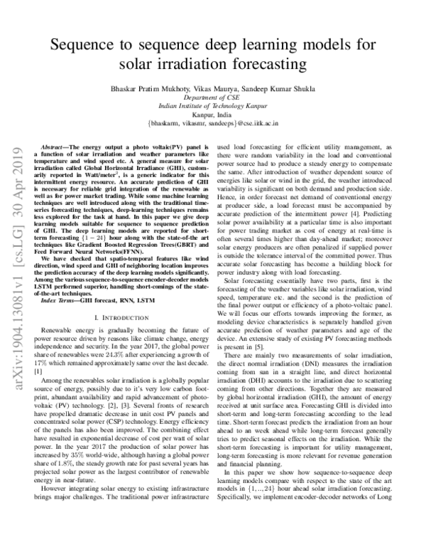 (PDF) Sequence to sequence deep learning models for solar irradiation ...